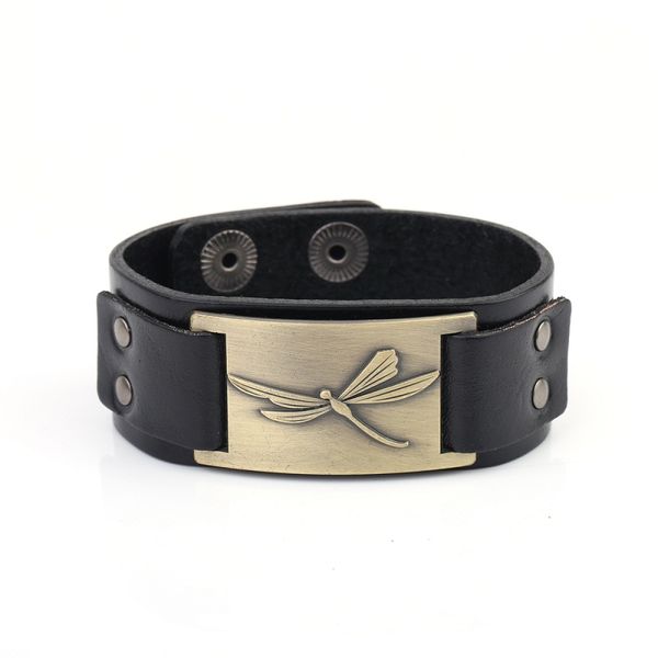 

5pcs latest styles charm leather snap button bracelets viking dragonfly leather adjustable bangle for men women jewelry, Black