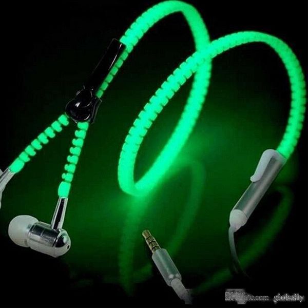 

fashion sports wired zipper earphones headset luminous light glow in the dark earphone metal headphones with mic for phone