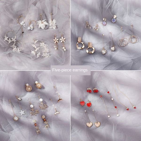 

[five-piece set] earrings fashionable temperament long web celebrity earrings set south korean trendy high-end french