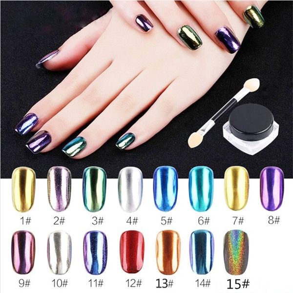 

15 color glitter mirror magic powder tip diy nail art glimmer metal gold decoration tool, Silver;gold