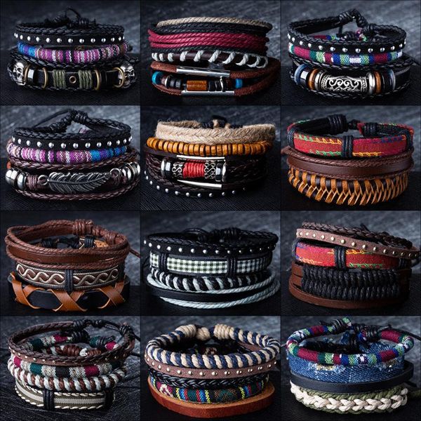 

12 style metal leather bracelets men jewelry vintage classic retro plant charm bracelet bangles homme male jewellry 20.5cm, Black