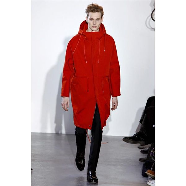 

men's wool & blends mao ni coat mid-length red belt hooded customization, Black