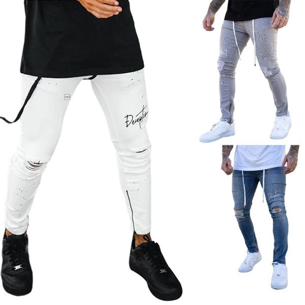 

hirigin men pencil jeans drawstring hole ripped slim pants letter paint dot 2020 new fashion zipper hip hop jeans streetwear, Blue