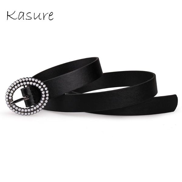 

kasure women's black solid belt with pearl pu leather designer style female belts with hole fashion street dress coat waistbelt, Black;brown