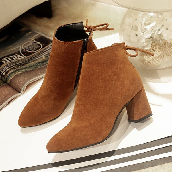 

boots women flock ankle pointed toe winter ladies thcik heel western stretch fabric shoes big size 34-43, Black
