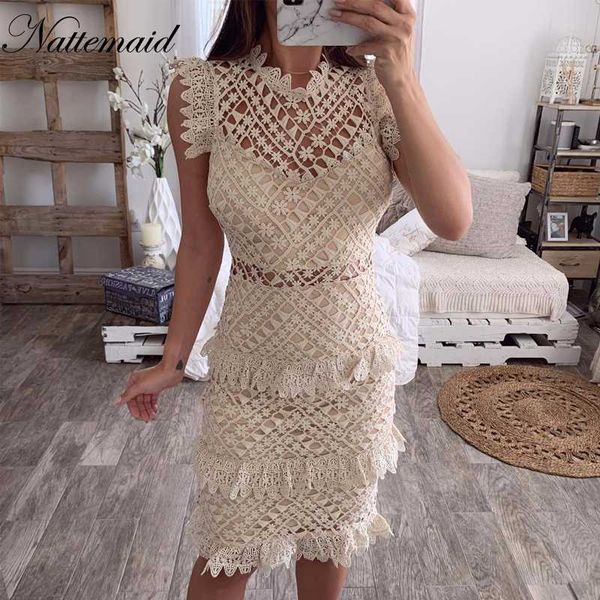 

nattemaid white lace summer dress women o neck hollow out bodycon elegant office sleeveless high waist midi party dress vestidos, Black;gray