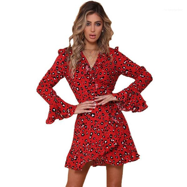

spring autumn petal lady skirt clothing women designer dress leopard v neck long sleeve dress, Black;gray