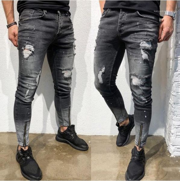 Mode-Hosen Grauer Fußreißverschluss Designer Herrenjeans Lässige Mode Elastizität Bleistifthose Jugend Loch Persönlichkeit Herren