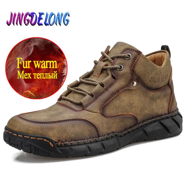 

winter men's ankle boots fur warm men's snow boots leather platform winter outdoor trainers, Black