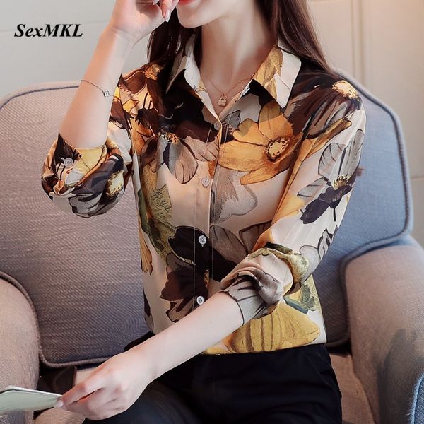 

women's blouses & shirts women chiffon shirt 2021 fashion long sleeve floral print blouse korean style clothes vintage office ladies a, White