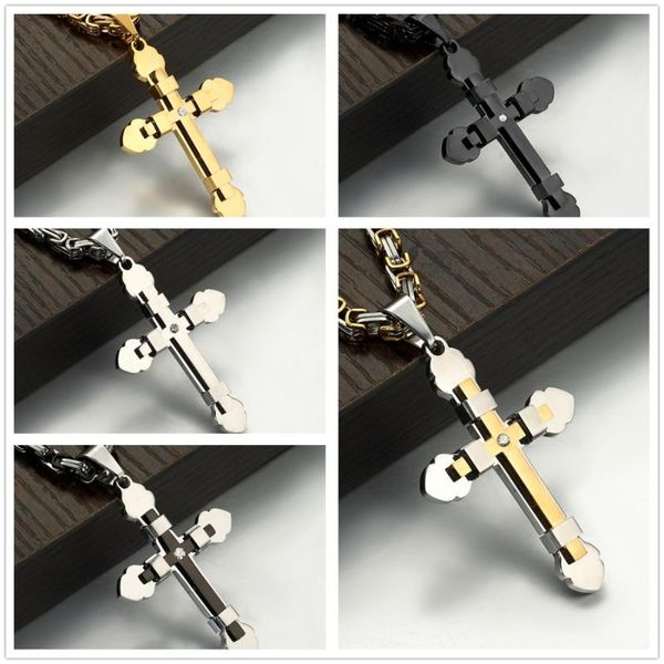 

fitness punk stainless steel christian crystal cross pendant with 5mm byzantine chain necklace men's women's jewelry friend gift, Silver