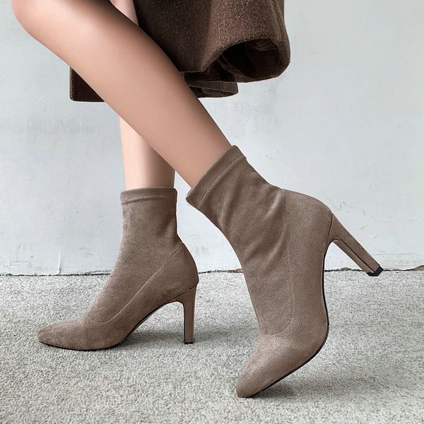 

khaki black gray faux suede sock boots women pointed toe block heels ankle ladies stretch short boots 2020 winter shoes