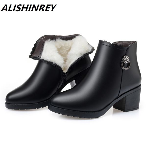 

alishinrey women winter shoes 2020 genuine leather ankle boots wool warm high heel snow boots woman snow, Black