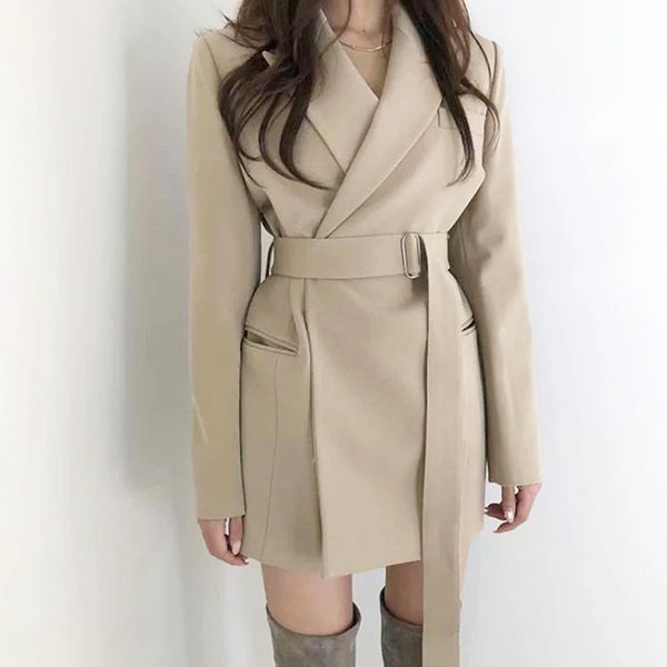 

women's suits & blazers dress elegant patchwork spring winter 2021 ladies long sleeve slim belt waist mini dresses notched evening part, White;black
