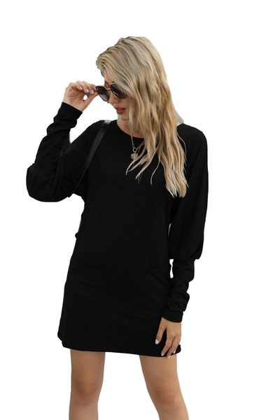 

slim solid color loose designer womens pencil dress batwing sleeve double pockets dress autumn female clothing, Black;gray