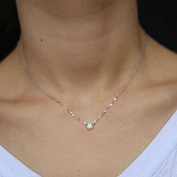 

chains 925 sterling silver delicate jewelry minimalist single 5mm white fire opal prong setting stone simple necklace