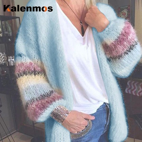 

mohair cardigan womens sweaters candy color sweater knit patchwork coat autumn winter striped long lantern sleeve soft sweater, White