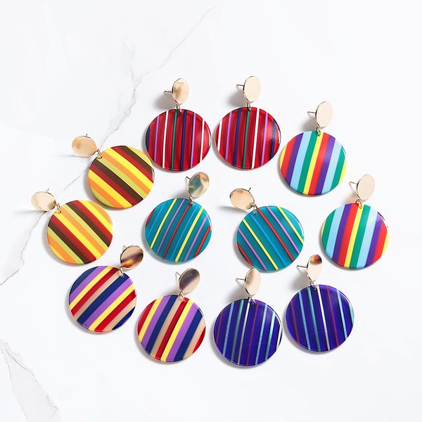 

colorful stripe acrylic geometric round earrings for women gold round piece drop earrings candy color fashion jewelry gifts 2020, Silver