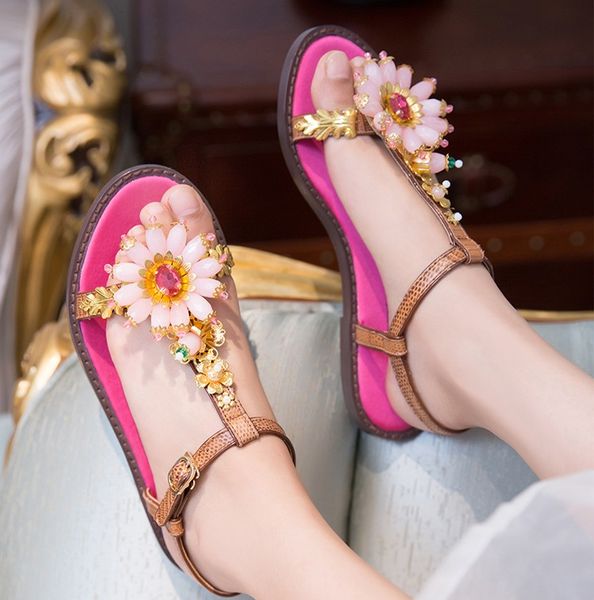 

новый дизайн натуральная кожа flroal emblishment квартиры сандалии t ремень пряжка ремень отдыха сандалии обувь женщин, Black