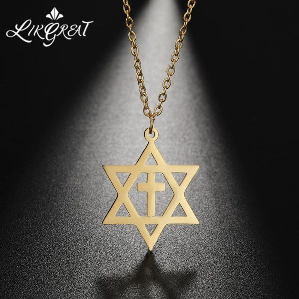 

likgreat hexagram star of david cross necklace for women amulet talisman stainless steel pendant necklace vintage jewelry choker, Silver