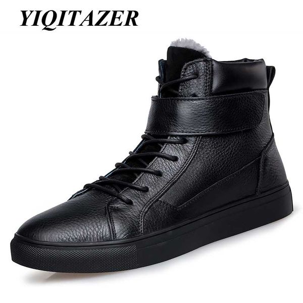 

yiqitazer 2020 snow boots mens shoes warm genuine leather male boots winter plush fur waterproof rubber shoes man, Black