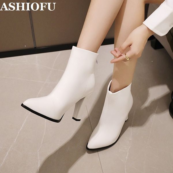 

ashiofu new arrival handmade ladies chunky heels boots pointed-toe party prom ankle booties evening winter fashion short boots, Black