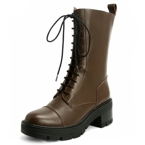 

2021 winter genuine leather women winter boots platform chunky heels women shoes party office lady shoes woman, Black