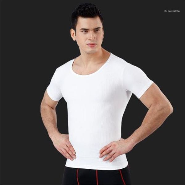 

tight coat round neck short sleeve fashion clothes slim no trace breathable abdomen corset thread sculpt males clothes mens summer fitness, White;black