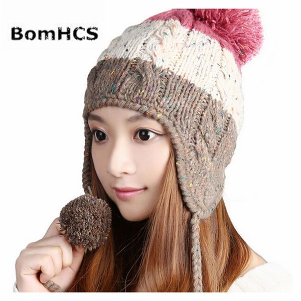 

bomhcs thick warm winter knit hats women lady handmade ear muff beanie skully cap, Blue;gray