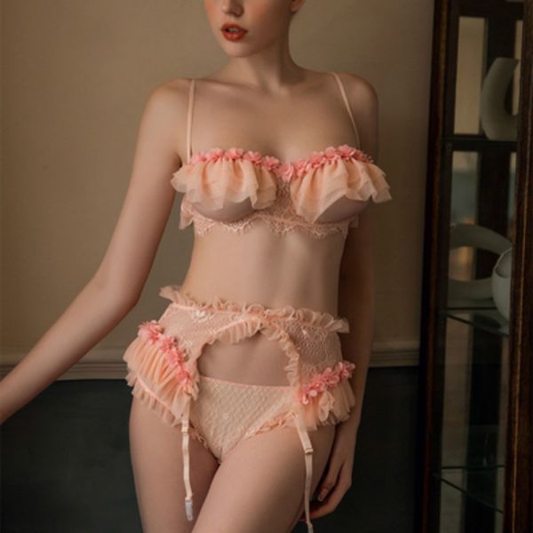 

bras sets womens lingerie set ruffles lace underwear pink intimate clothes panties and see through bra lolita wire free, Red;black