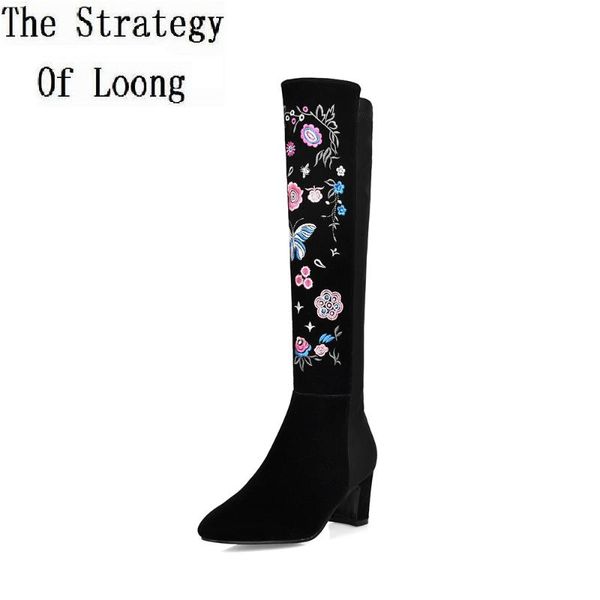 

traditional style thick high heels women genuine leather long boots winter lady knee high fashion warm boots plus size 43, Black