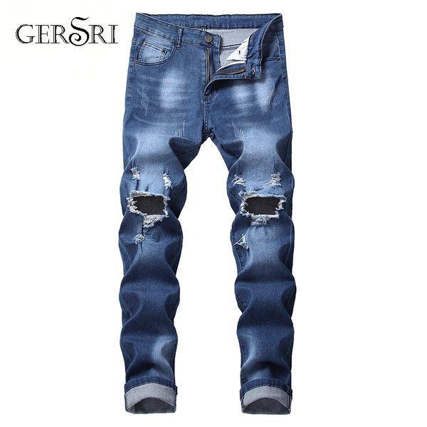 

gersri mens biker demin jeans stretch destroyed ripped cowboy pants printed pocket design fashion soft skinny hole jean for male, Blue