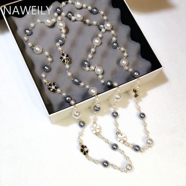 

2020 new fashion gray white pearls necklaces rose flowers double multilayer chains necklace for women long sweater chain choker, Silver