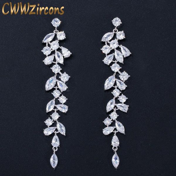 

cwwzircons cz zirconia crystal leaf long drop dangle earrings for women bridal wedding jewelry accessories gift cz577, Golden