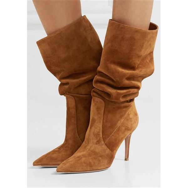 

new designer women pleated knee high stilettos boots suede slip-on brown black long boots pointy toe casual dress shoes women