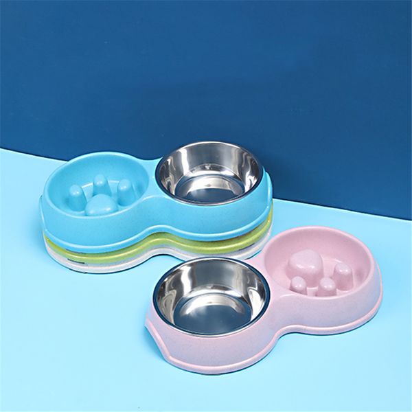 

pet slow eating bowl wheat straw stainless steel dog feeding drinking double bowls non-slip puppy feeder anti choke cat food dish