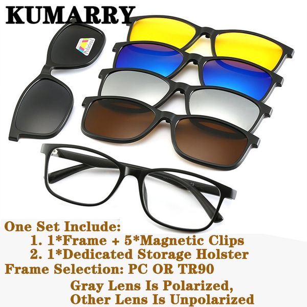 

kumarry new magnetic 5+1/6pcs/1set polarized sunglasses men/women clip on pc/tr90 frame driving sun glasses shades with holster, White;black