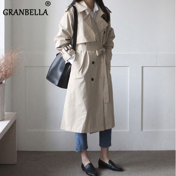

mid-length over-the-knee trench coat double breasted turndown collar women's coats with pockets solid color outwear long trench, Tan;black