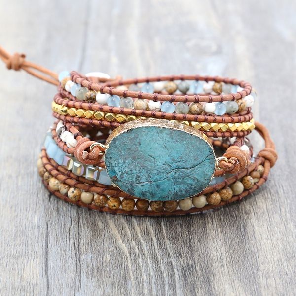 

tennis fashion natural stone bracelet bohemian style handmade beaded wrap for women jewelry gift leather drop, Golden;silver