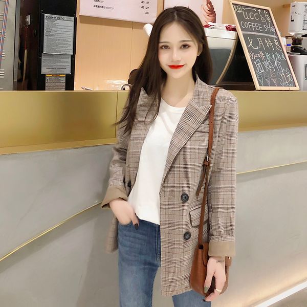

women plaid blazer jacket 2020 spring autumn fashion female casual loose double breasted suits jackets outwear coat plus size, White;black