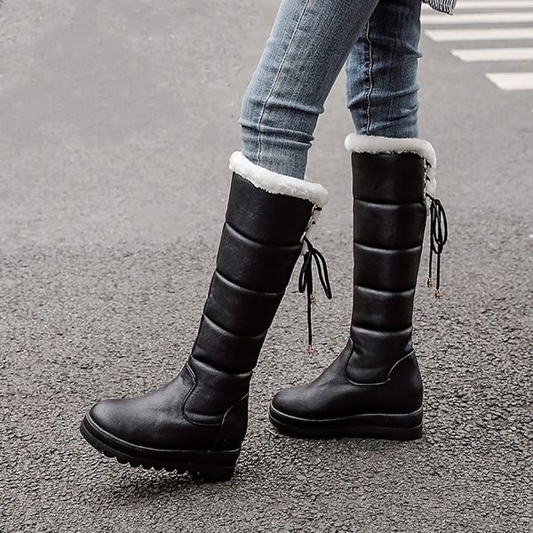 

ymechic fashion thicker plush platform wedge heel long boots cross tied warm female shoes mid high riding snow boots red black