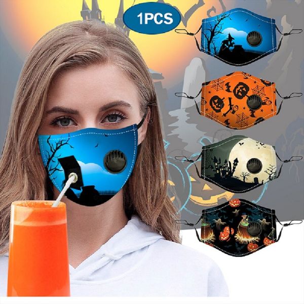 

new style mask with straw hole halloween series printed cotton mask dustproof adjustable washing cloth mask with breathing valve