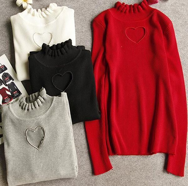 

love heart hollow out bottoming shirt knitted sweaters women full sleeve ruffles neck drop shipping high quality, White;black