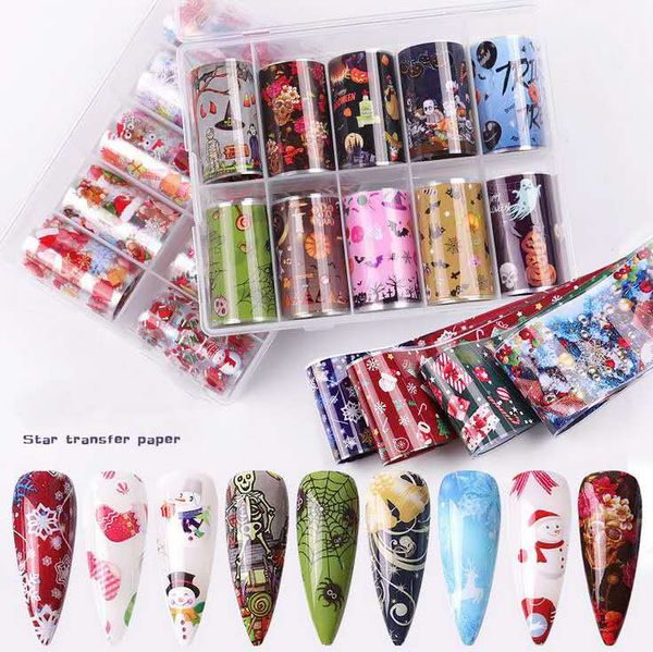 Natale Halloween Nail Transfer Paper Starry Sky Foil Nail Wraps Adesivi Gel acrilico Nail Transfer Decal Idea regalo (scatola da 10 rotoli)