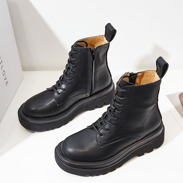 

new 2020 autumn early winter shoes women boots genuine leather footwear women ankle boots black height increasing 3cm yx2820