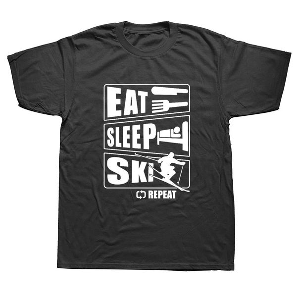 

novelty eat sleep ski repeat t-shirt mens short sleeves oversized streetwear hip hop printed t shirts tees