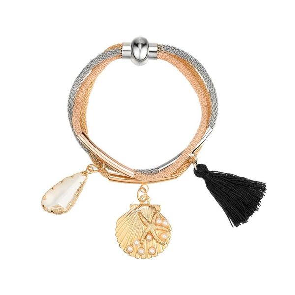 

jinsen women's tri-colors chain bracelet with tassel shell starfish pendants ocean collection beach jewelry (js0024-1, Golden;silver