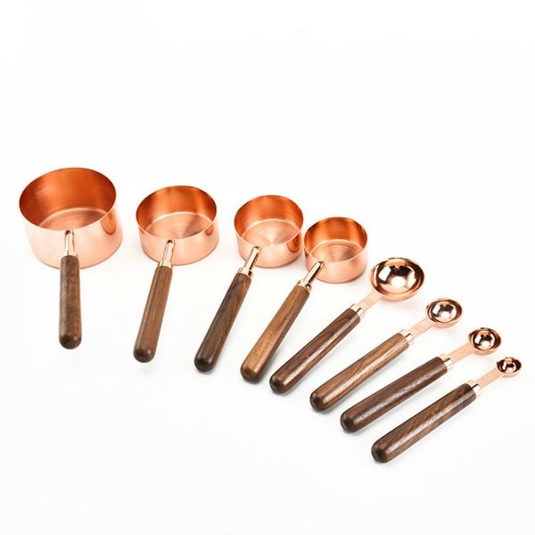 

household kitchen dining bar baking tools walnut wooden handle copper plating measuring cups spoon cake sugar tools set t200523