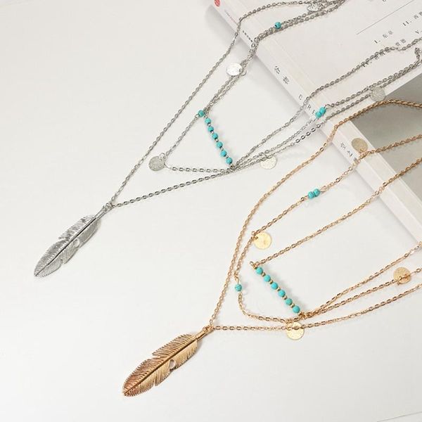 

creative metal feather tassel sequin multilayer necklace, Silver