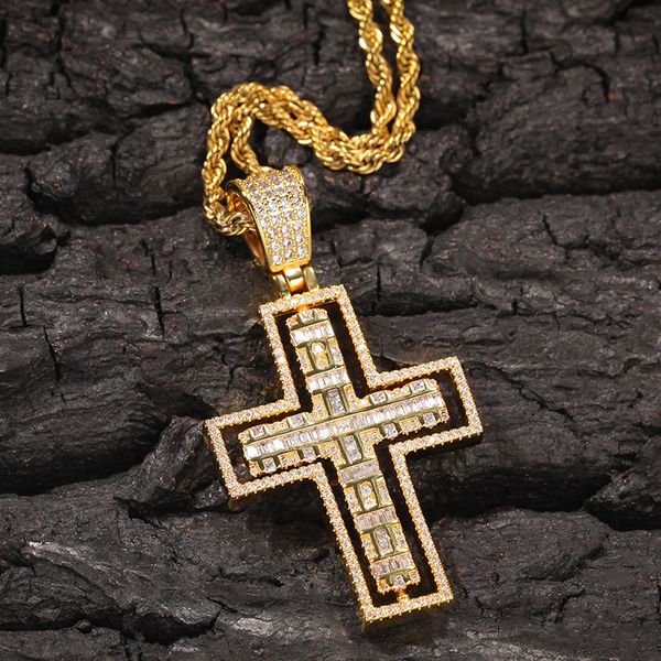 

pendant necklaces hip hop bling iced out two side can wear rotatable cross pendants necklace for men women rapper jewelry gold color, Silver